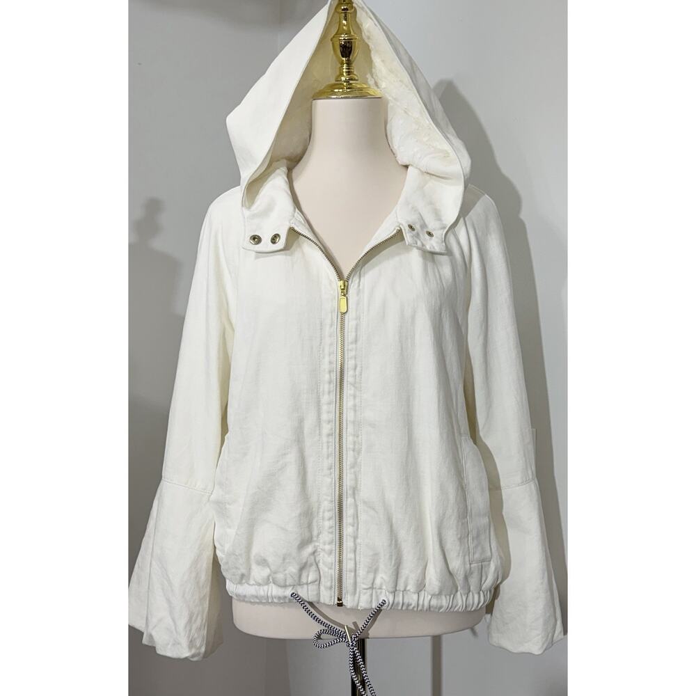Anthropologie Maeve Ivory Hooded Jacket Zip Front Lined Puff Sleeves Medium M